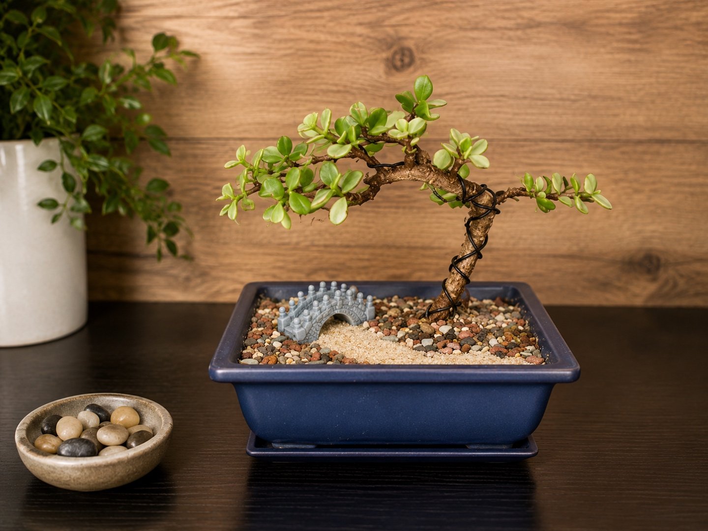 A close-up of a potted bonsai