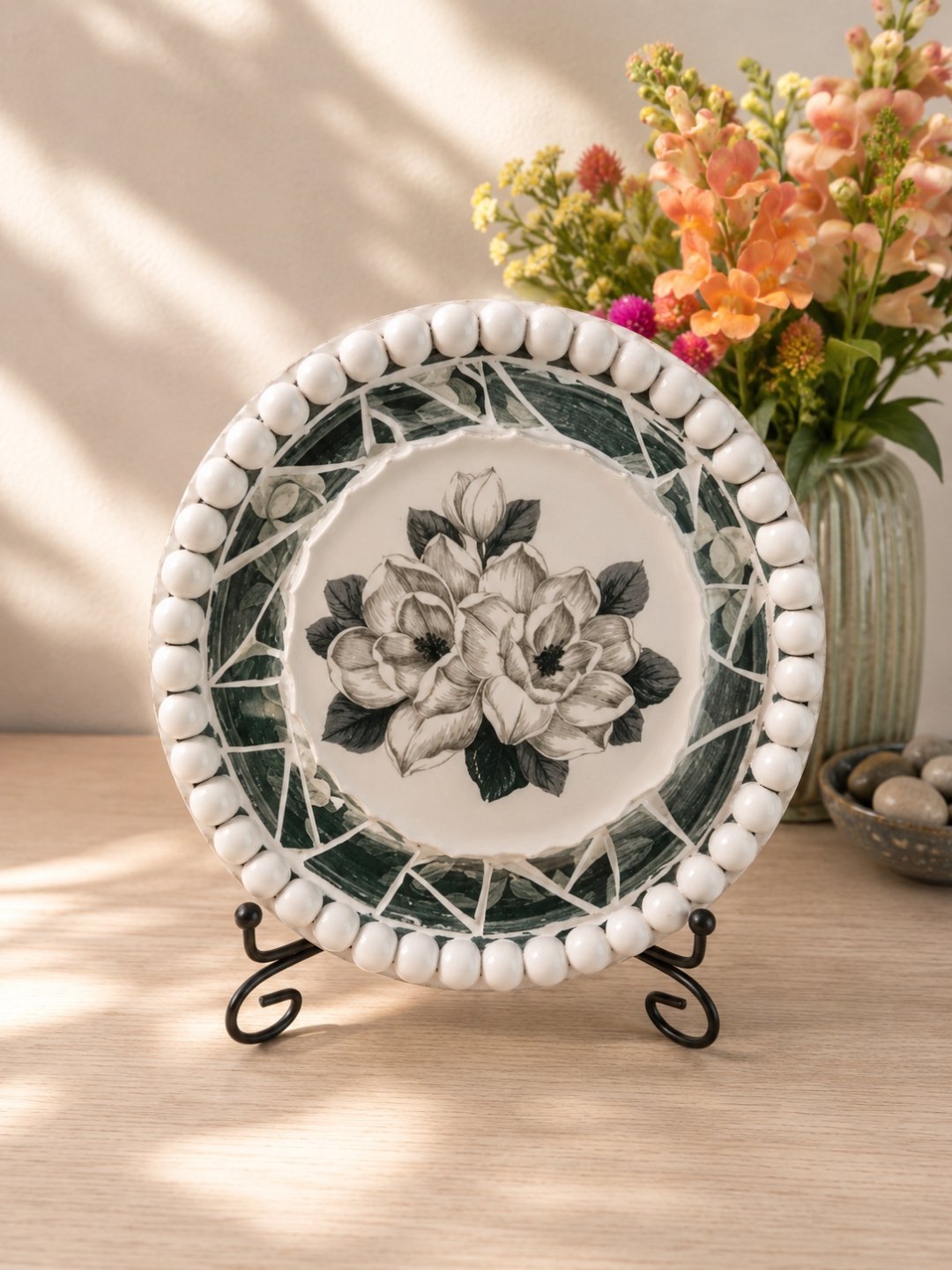 A mosaic plate with a magnolia motif