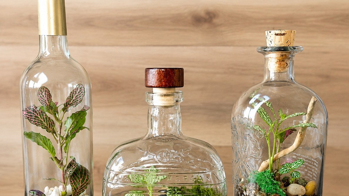 Three upcycled bottle terrariums with layered sand, moss, and small plants, sitting on a dark wood bar top.