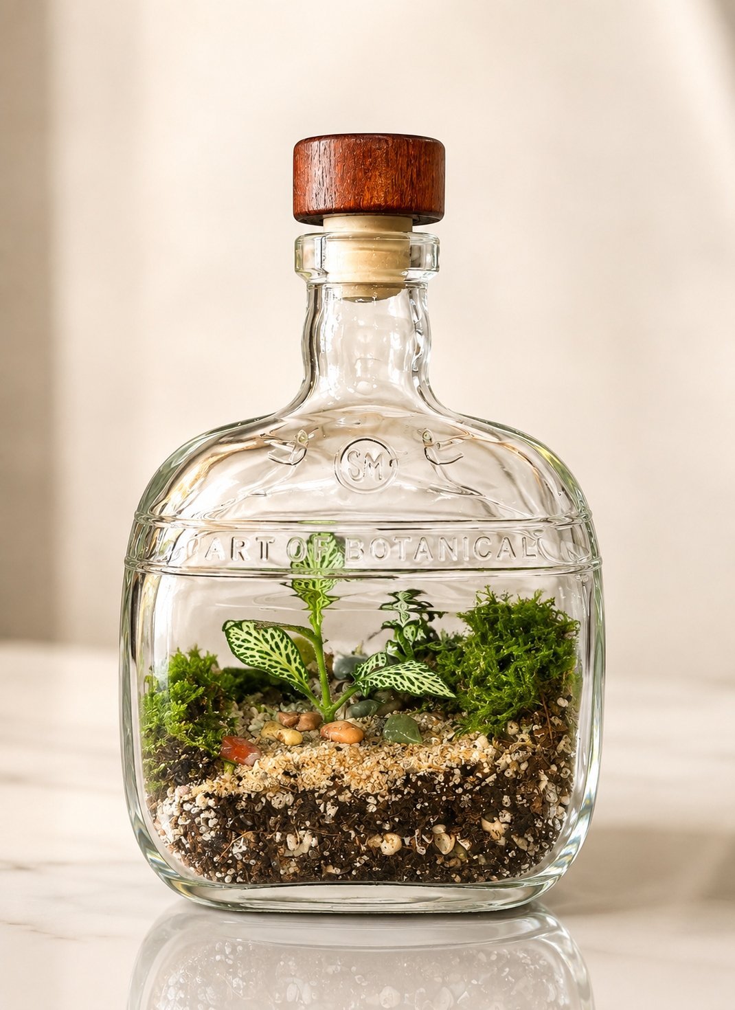 Wide embossed liquor bottle terrarium with layered sand, moss, and small green plants.