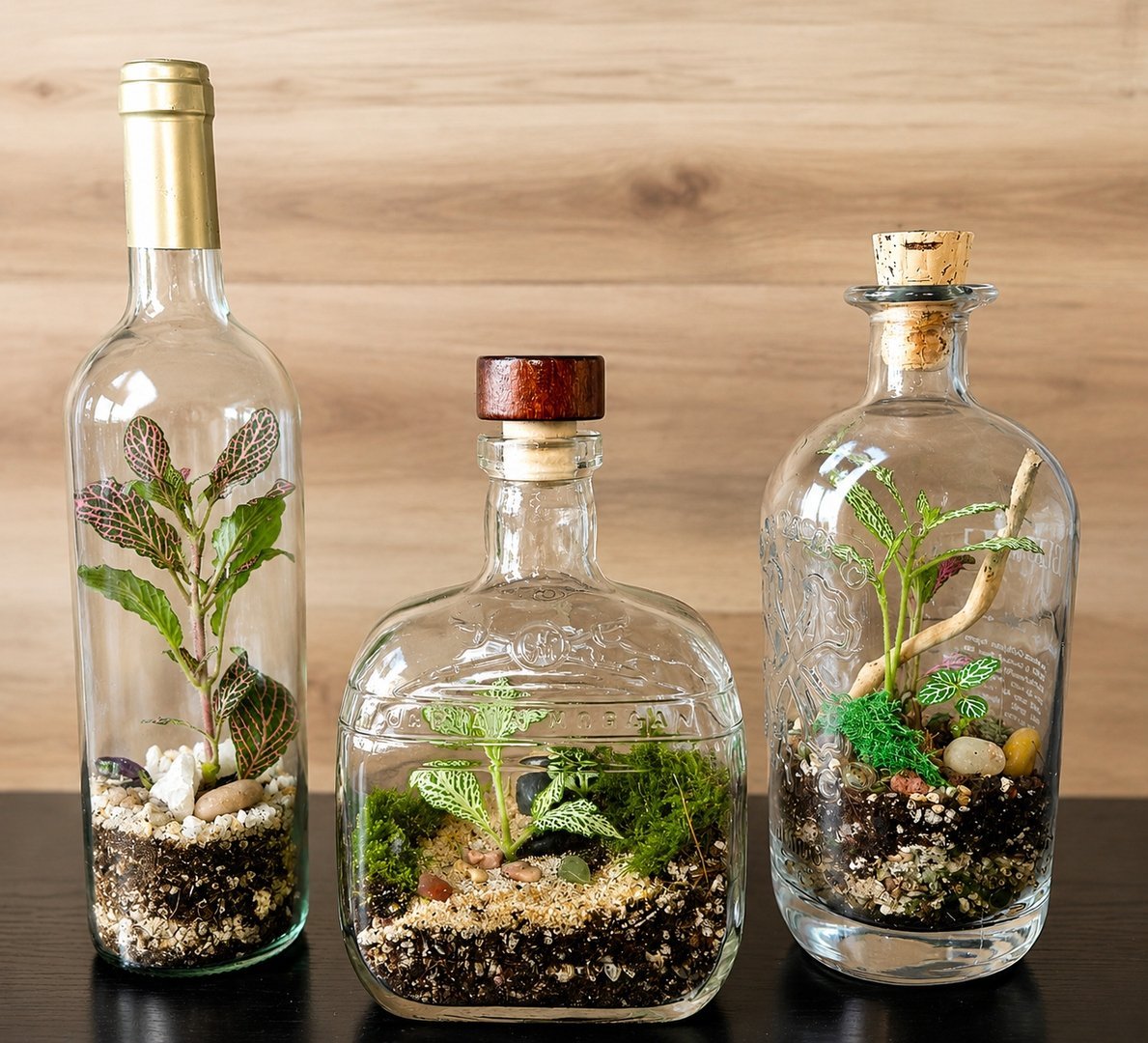 Three upcycled bottle terrariums side by side on a dark wood surface.